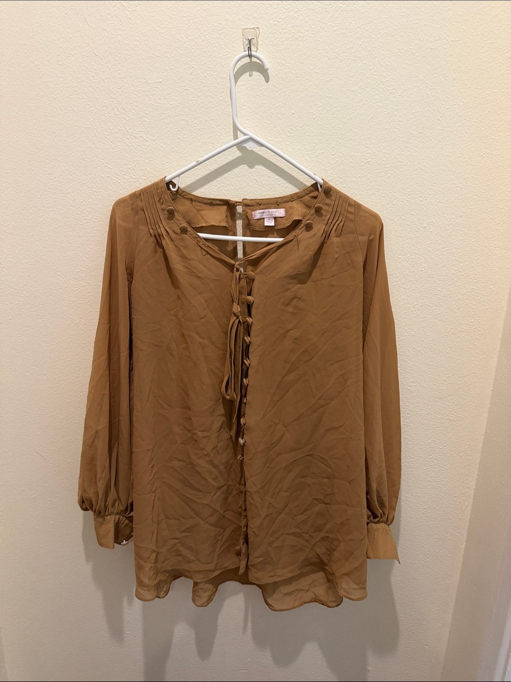 Lightweight Brown Tie-Front Peasant Blouse